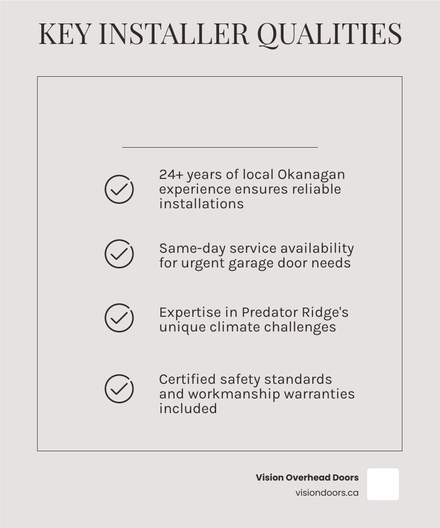 Infographic showing key factors in choosing a professional garage door installer in Predator Ridge Okanagan - "Who installs Infographic showing key factors in choosing a professional garage door installer in Predator Ridge Okanagan - "Who installs