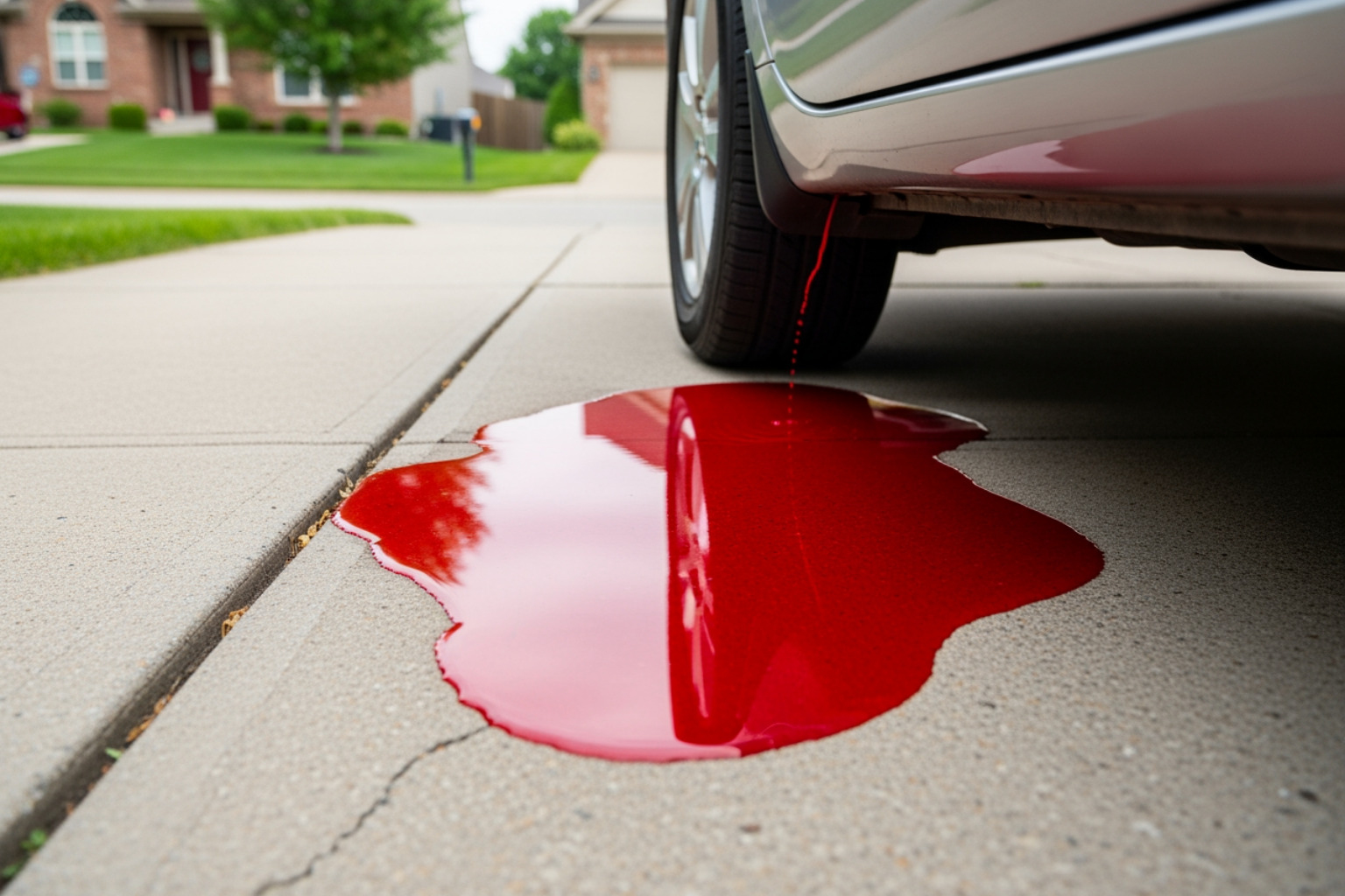 puddle of red transmission fluid leaking from a vehicle - local transmission shops near me