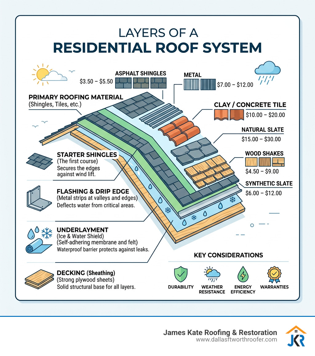 Infographic showing layers of a residential roof system with material options and cost ranges - residential roof infographic Infographic showing layers of a residential roof system with material options and cost ranges - residential roof infographic