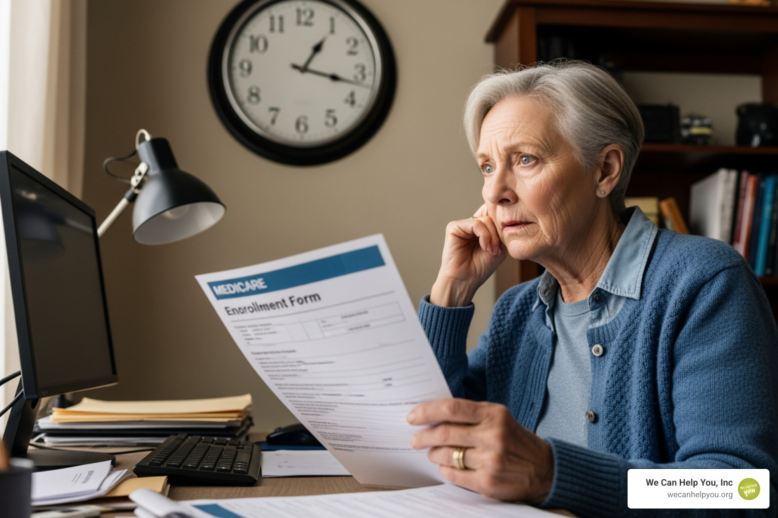 Senior checking a wall clock while holding a Medicare enrollment form - medicare insurance agents near me open now