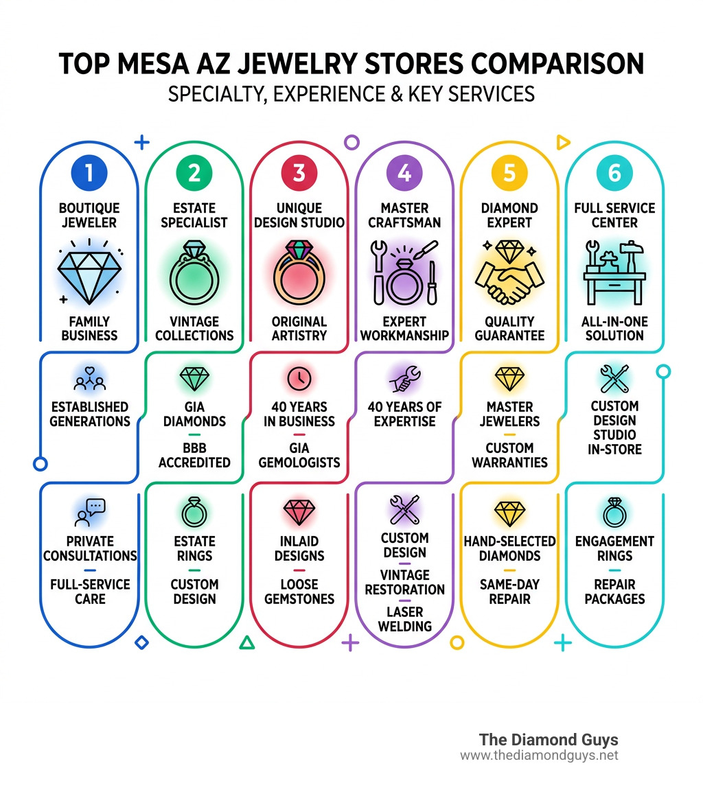 Infographic comparing top Mesa AZ jewelry stores by specialty, experience, and key services - best jewelry store mesa az Infographic comparing top Mesa AZ jewelry stores by specialty, experience, and key services - best jewelry store mesa az