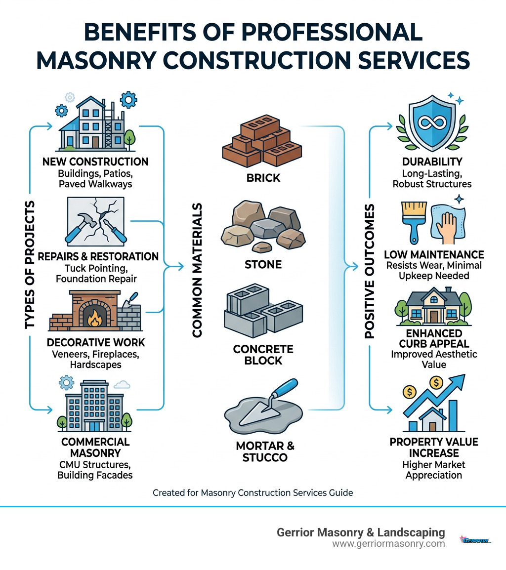 Benefits of professional masonry construction services infographic showing types, materials, and project outcomes - masonry