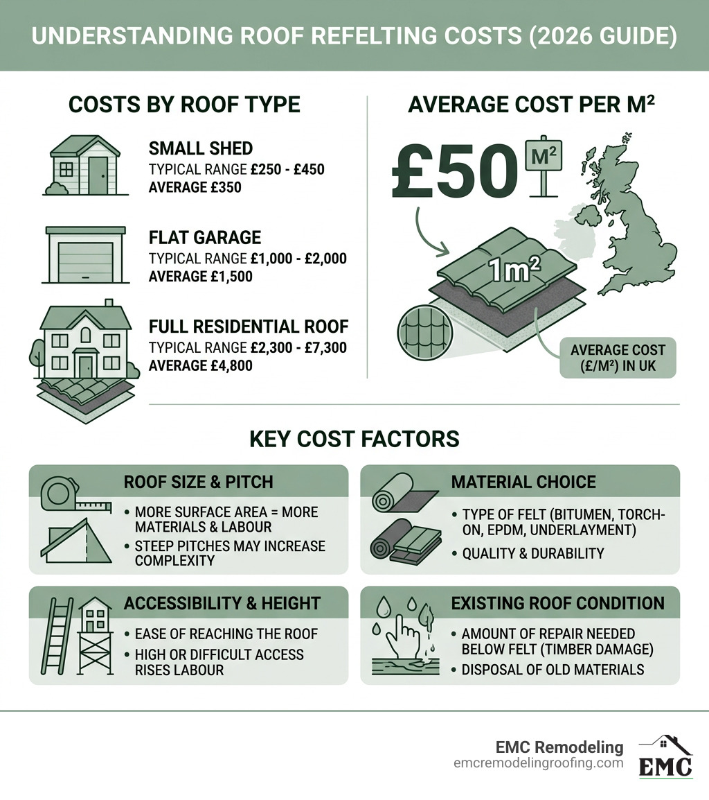 Infographic showing roof refelting cost breakdown by roof type, average cost per m², and key cost factors - cost to refelt a