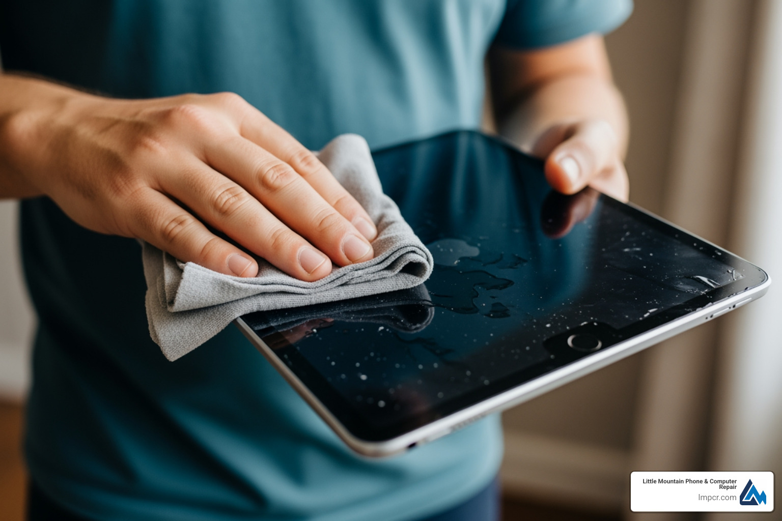 A person carefully drying an iPad with a soft, lint-free cloth - iPad water damage