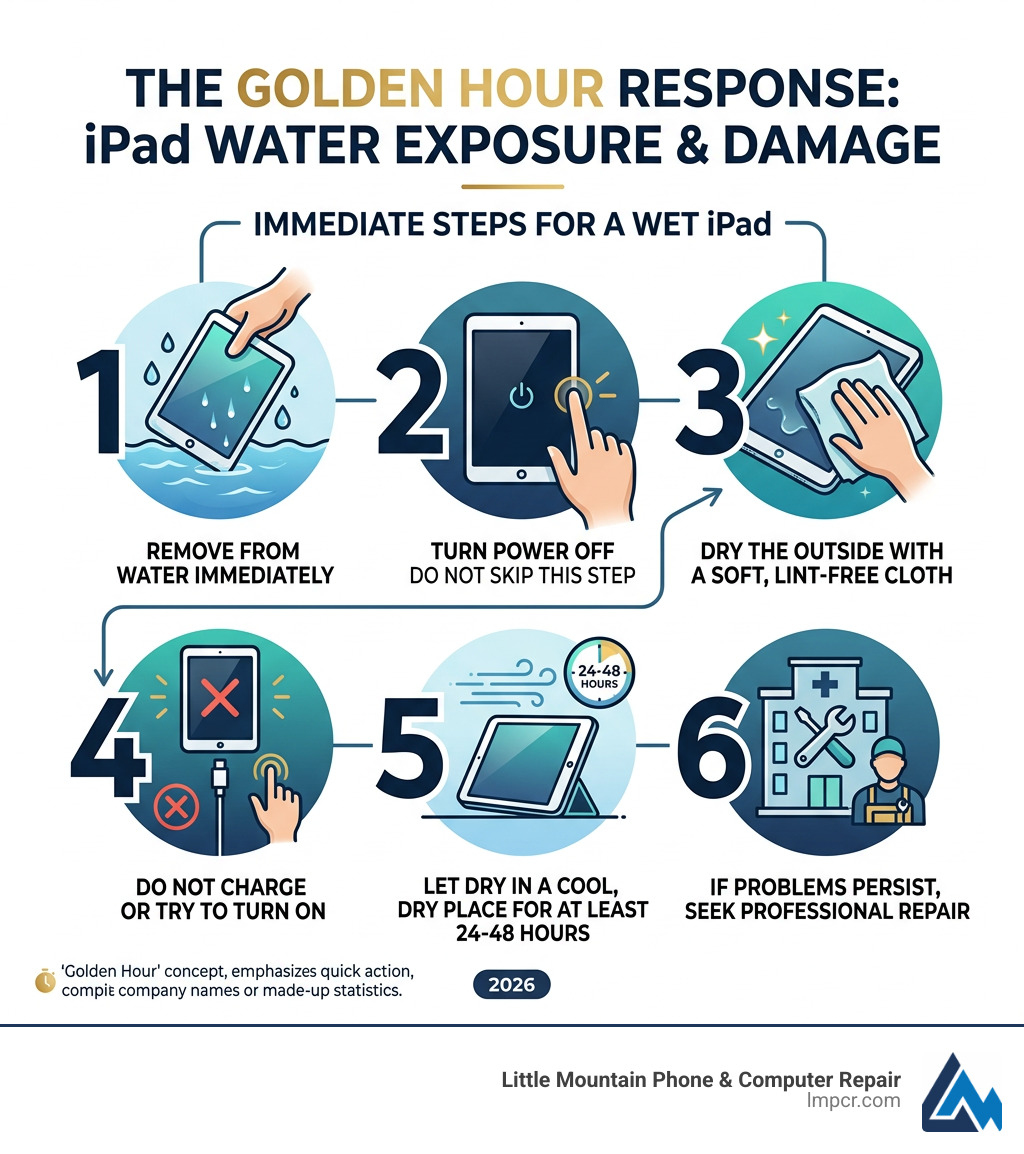 Step-by-step infographic: Golden Hour response to iPad water exposure and damage - iPad water damage infographic 