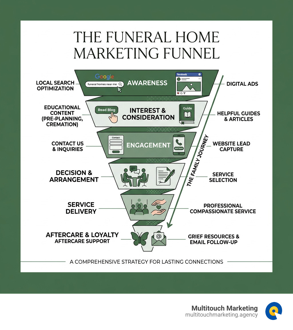 Funeral home marketing funnel from awareness to aftercare stages infographic - funeral home marketing infographic Funeral home marketing funnel from awareness to aftercare stages infographic - funeral home marketing infographic