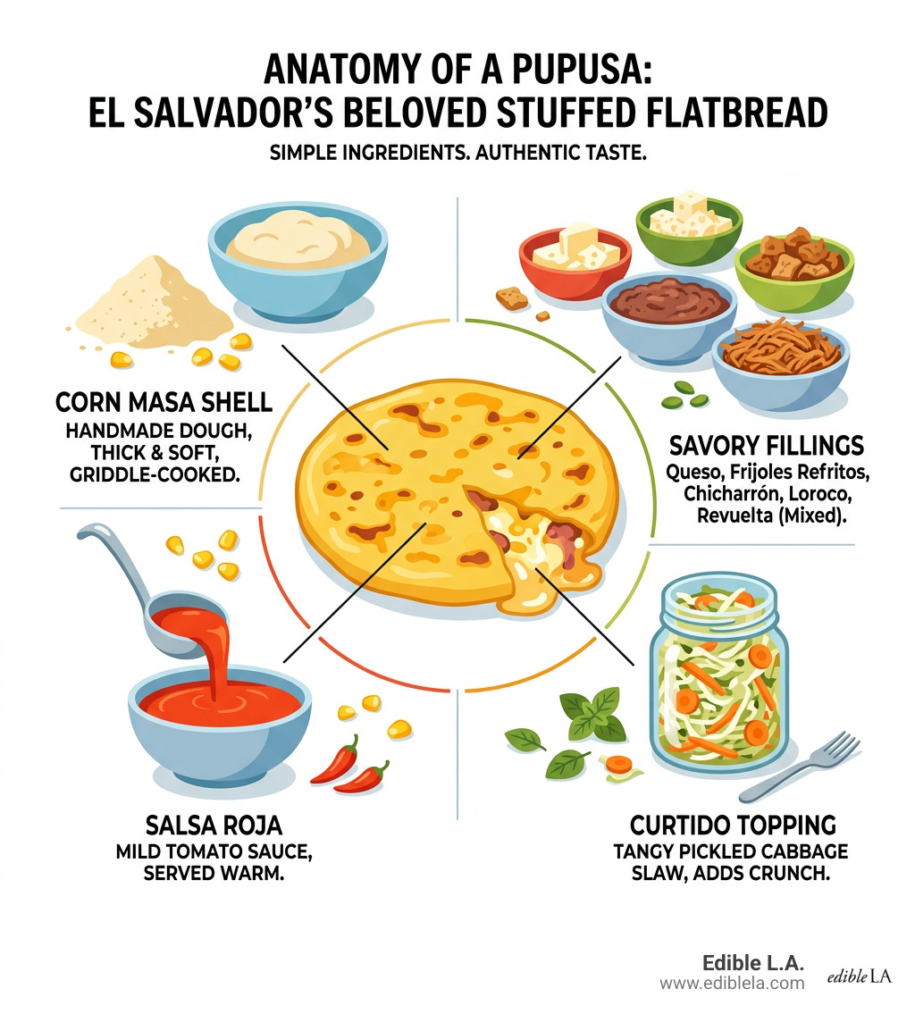 Infographic: anatomy of a pupusa - corn masa shell, savory fillings, curtido topping, salsa roja -  pupusas infographic 