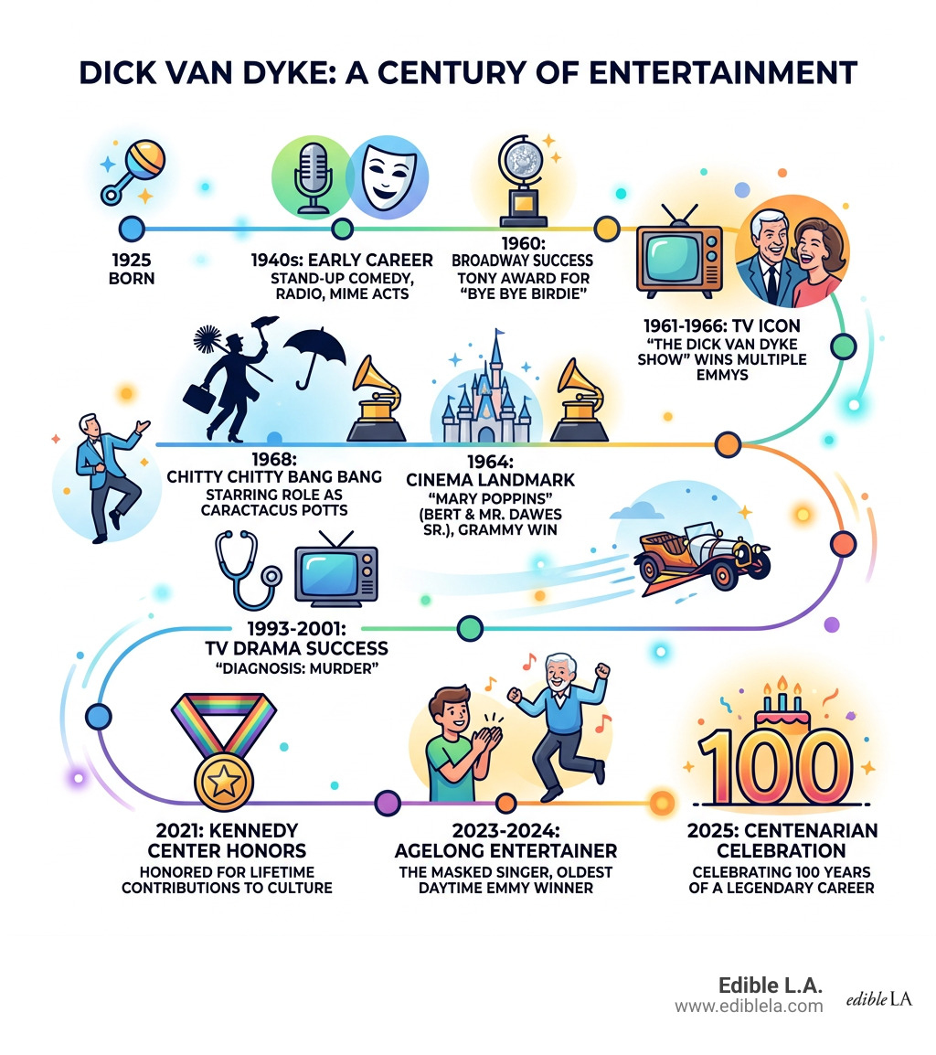 Dick Van Dyke career timeline from 1925 to 2025 with major milestones - dick van dyke infographic 