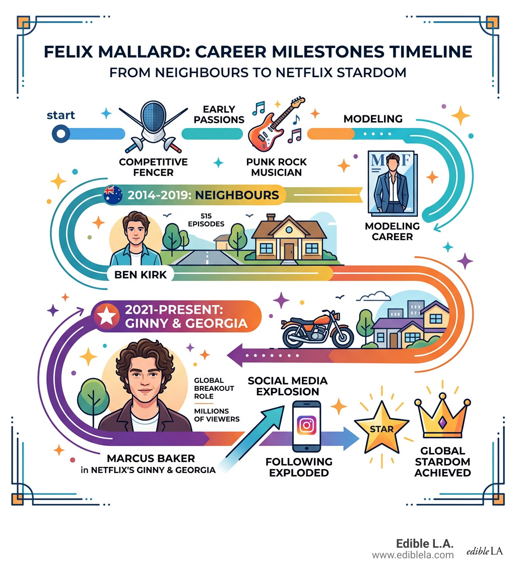 Felix Mallard career milestones timeline infographic from Neighbours to Netflix stardom - felix mallard infographic 