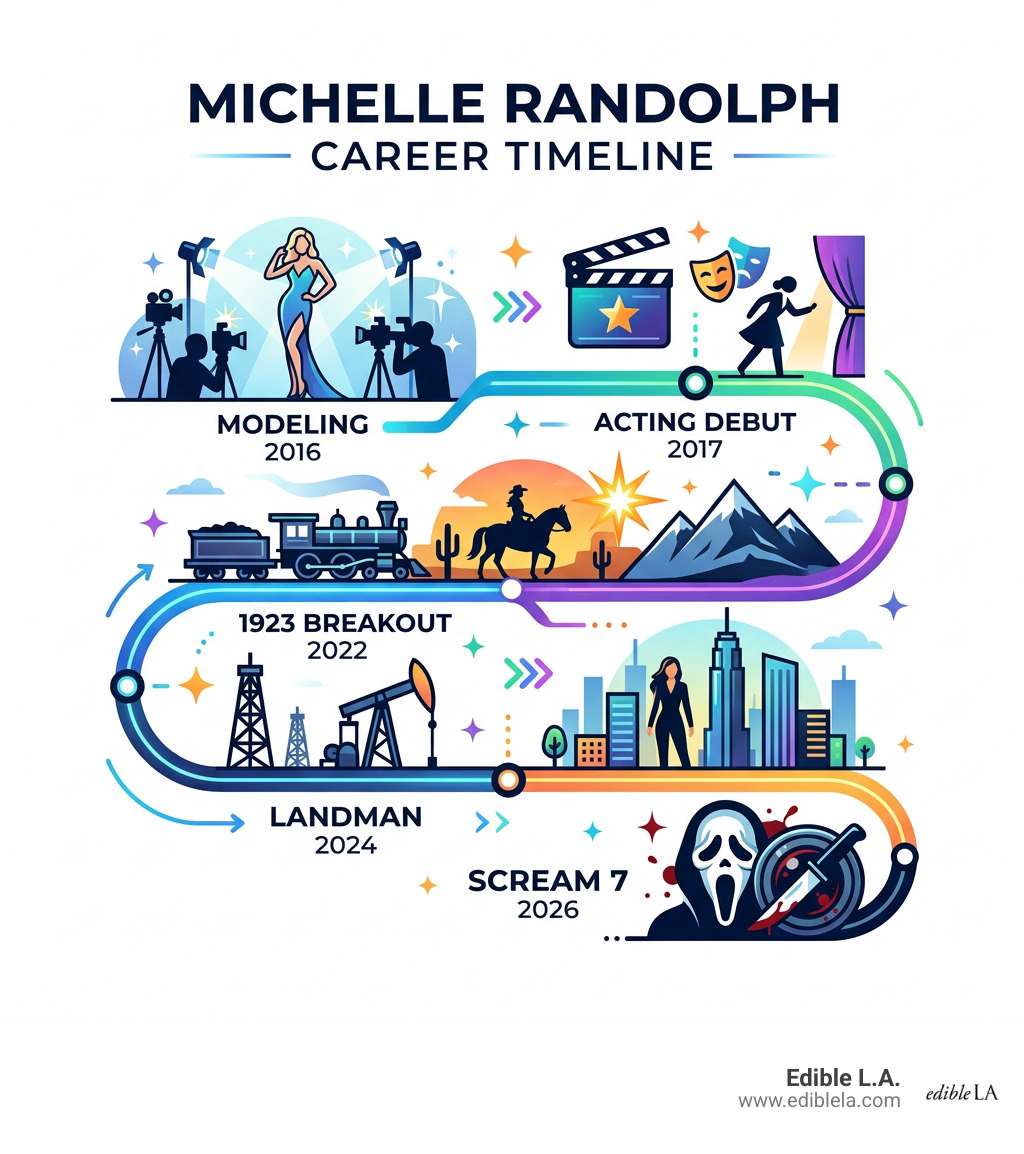 Michelle Randolph career timeline infographic: modeling 2016, acting debut 2017, 1923 breakout 2022, Landman 2024, Scream 7 Michelle Randolph career timeline infographic: modeling 2016, acting debut 2017, 1923 breakout 2022, Landman 2024, Scream 7