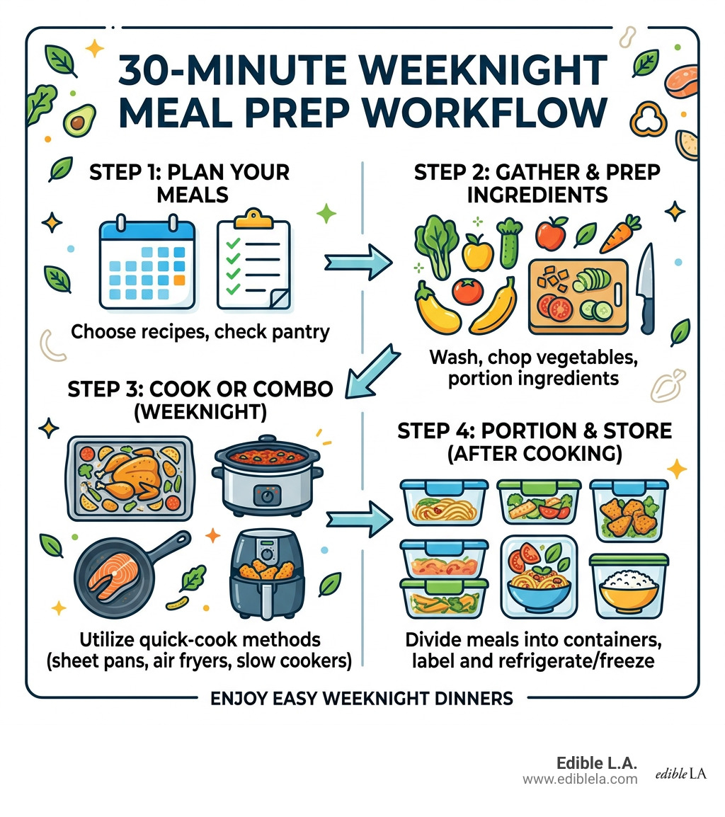 30-minute weeknight meal prep workflow infographic - dinner ideas infographic 