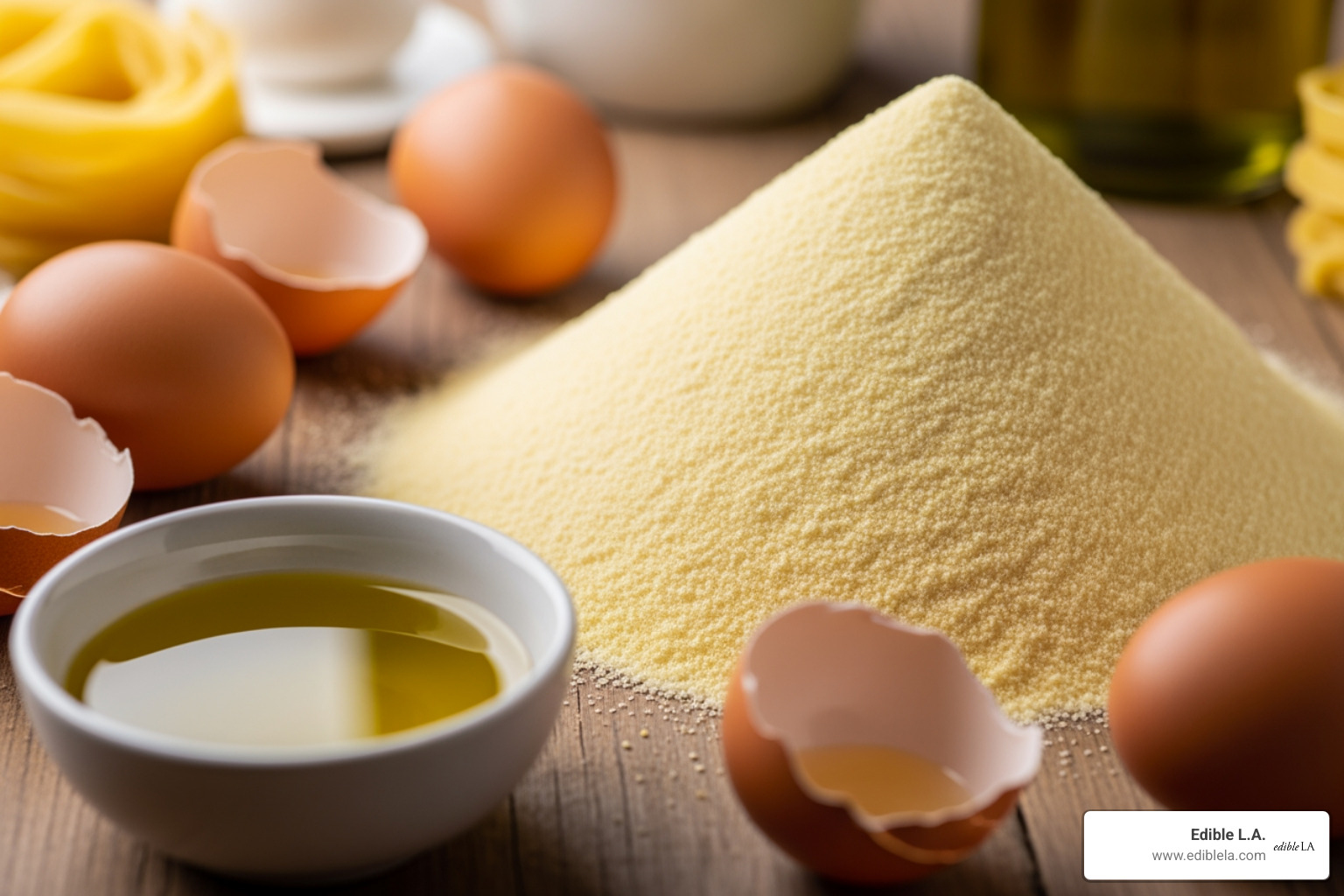 Raw ingredients for pasta: a mound of flour, fresh eggs, and a small bowl of olive oil - pasta