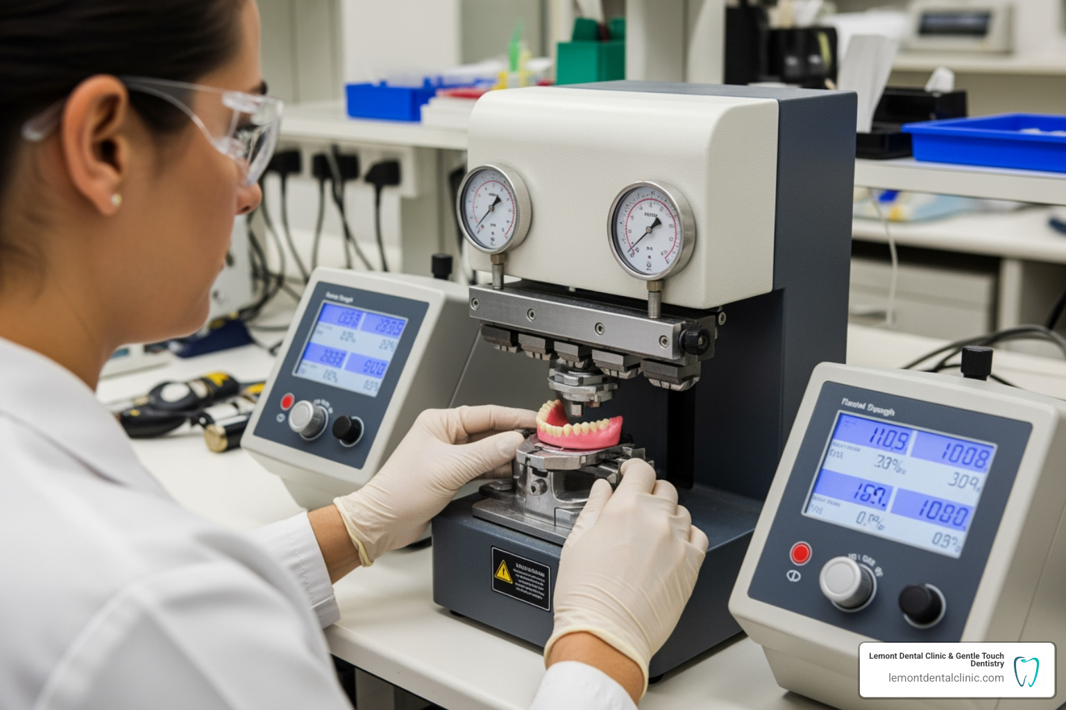 Dental professional testing the flexural strength of a new denture base polymer - Denture base material Dental professional testing the flexural strength of a new denture base polymer - Denture base material