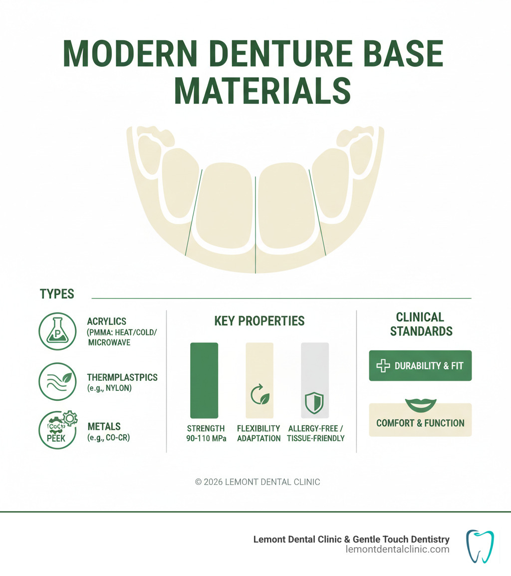 Infographic showing components of a modern denture: base material types, key properties, and clinical standards - Denture Infographic showing components of a modern denture: base material types, key properties, and clinical standards - Denture