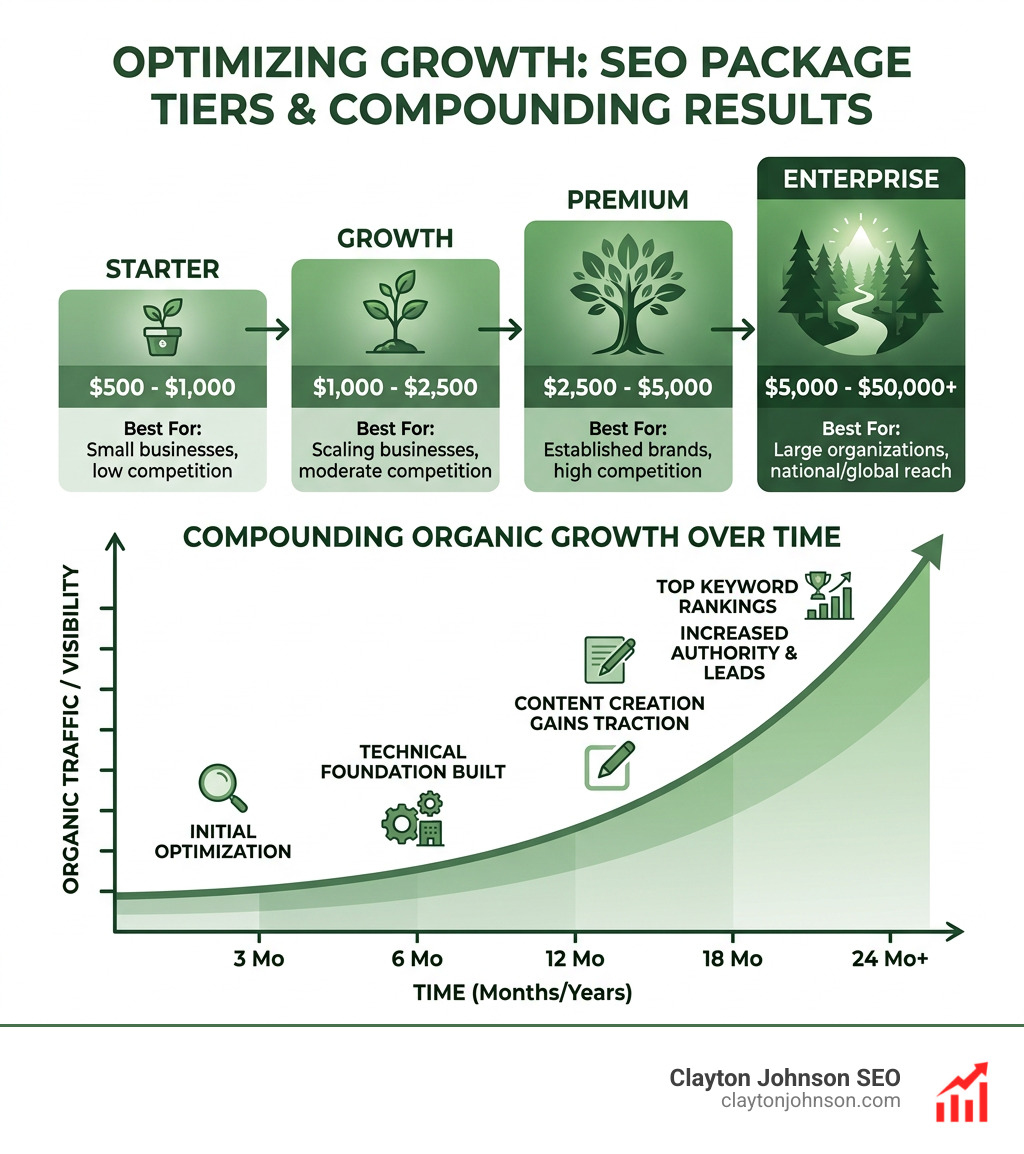 SEO package pricing tiers and compounding organic growth over time infographic - monthly seo packages pricing infographic SEO package pricing tiers and compounding organic growth over time infographic - monthly seo packages pricing infographic