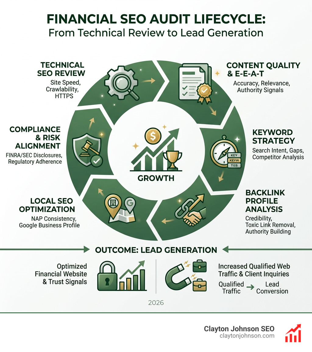 Financial SEO audit lifecycle from technical review to lead generation - SEO audit financial firms infographic 