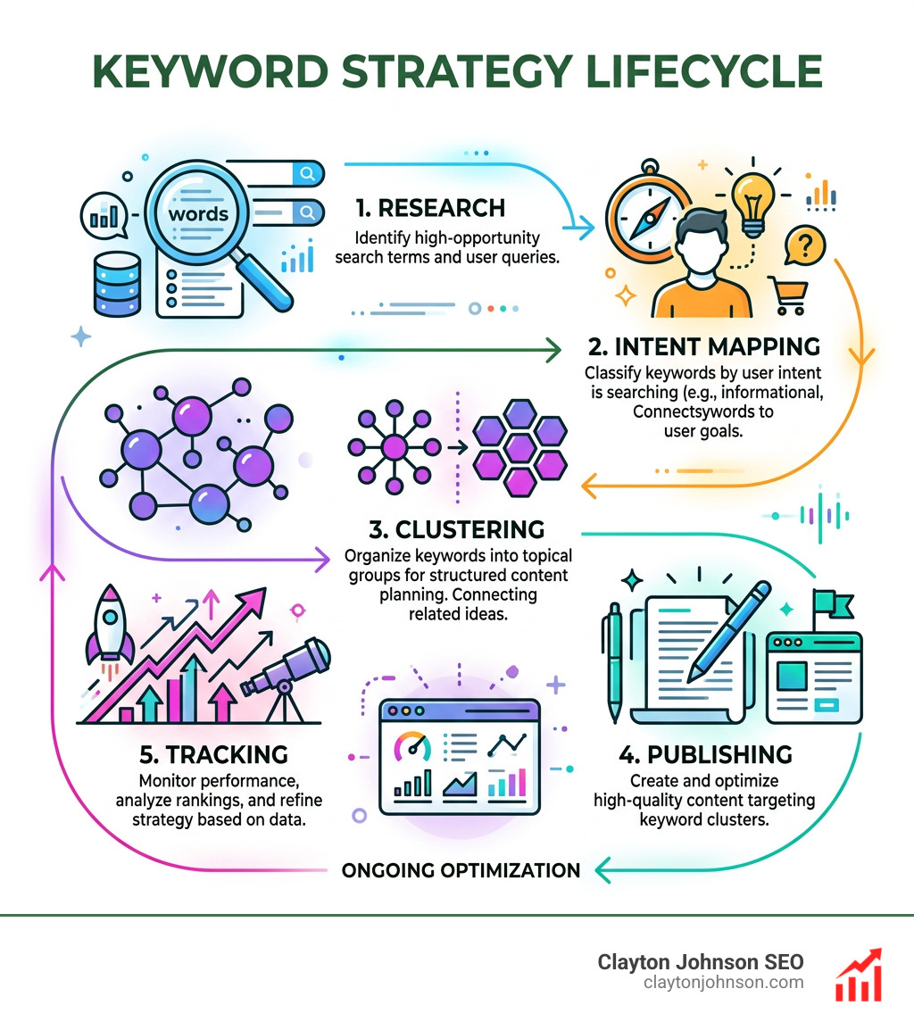 Keyword strategy lifecycle: research, intent mapping, clustering, publishing, tracking - keyword strategy examples Keyword strategy lifecycle: research, intent mapping, clustering, publishing, tracking - keyword strategy examples