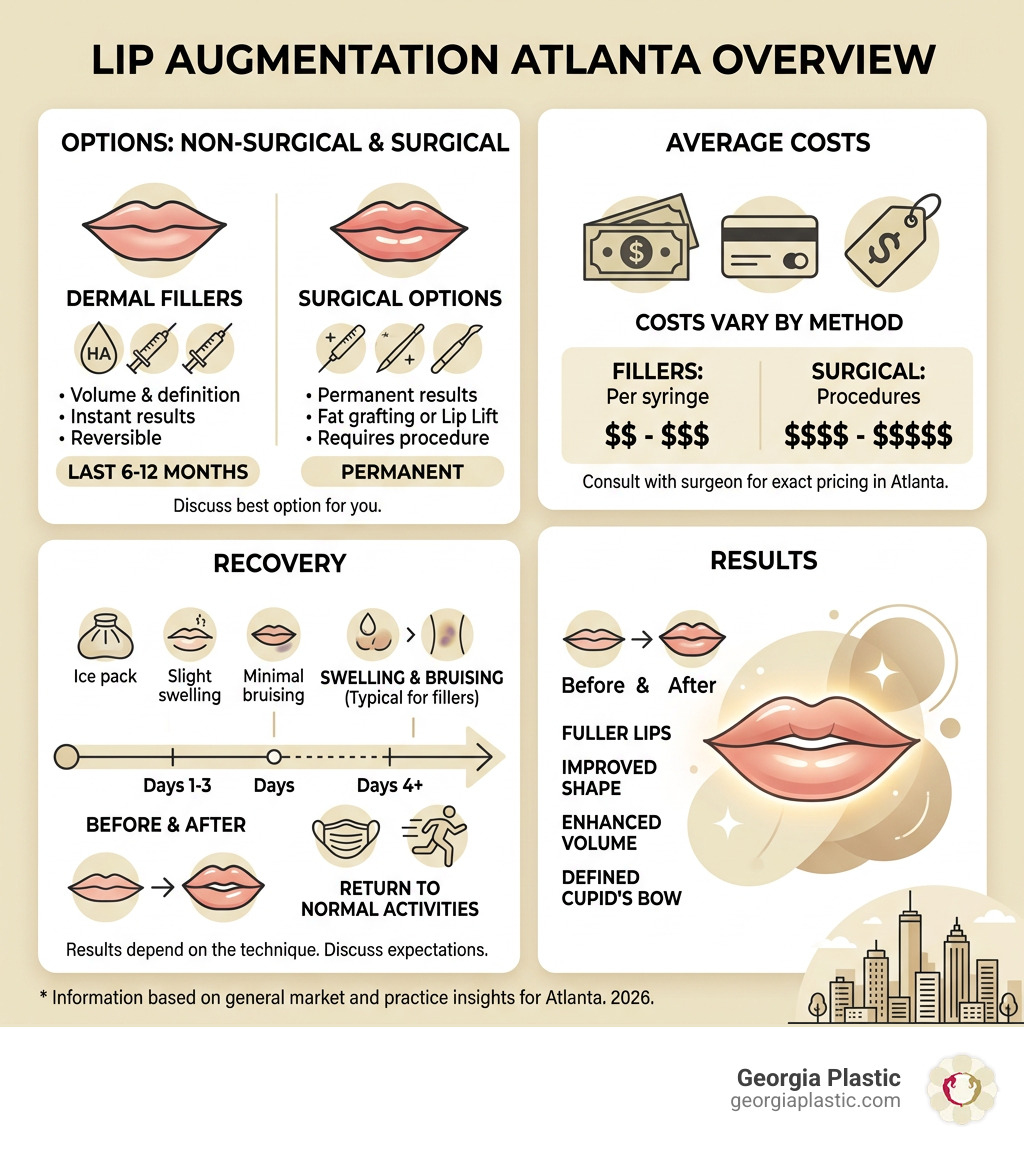 Overview infographic: lip augmentation options, costs, recovery, and results in Atlanta - lip augmentation atlanta