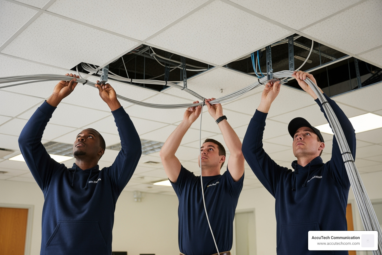 Technicians in Massachusetts carefully pulling network lines through a commercial ceiling grid - data cabling installation