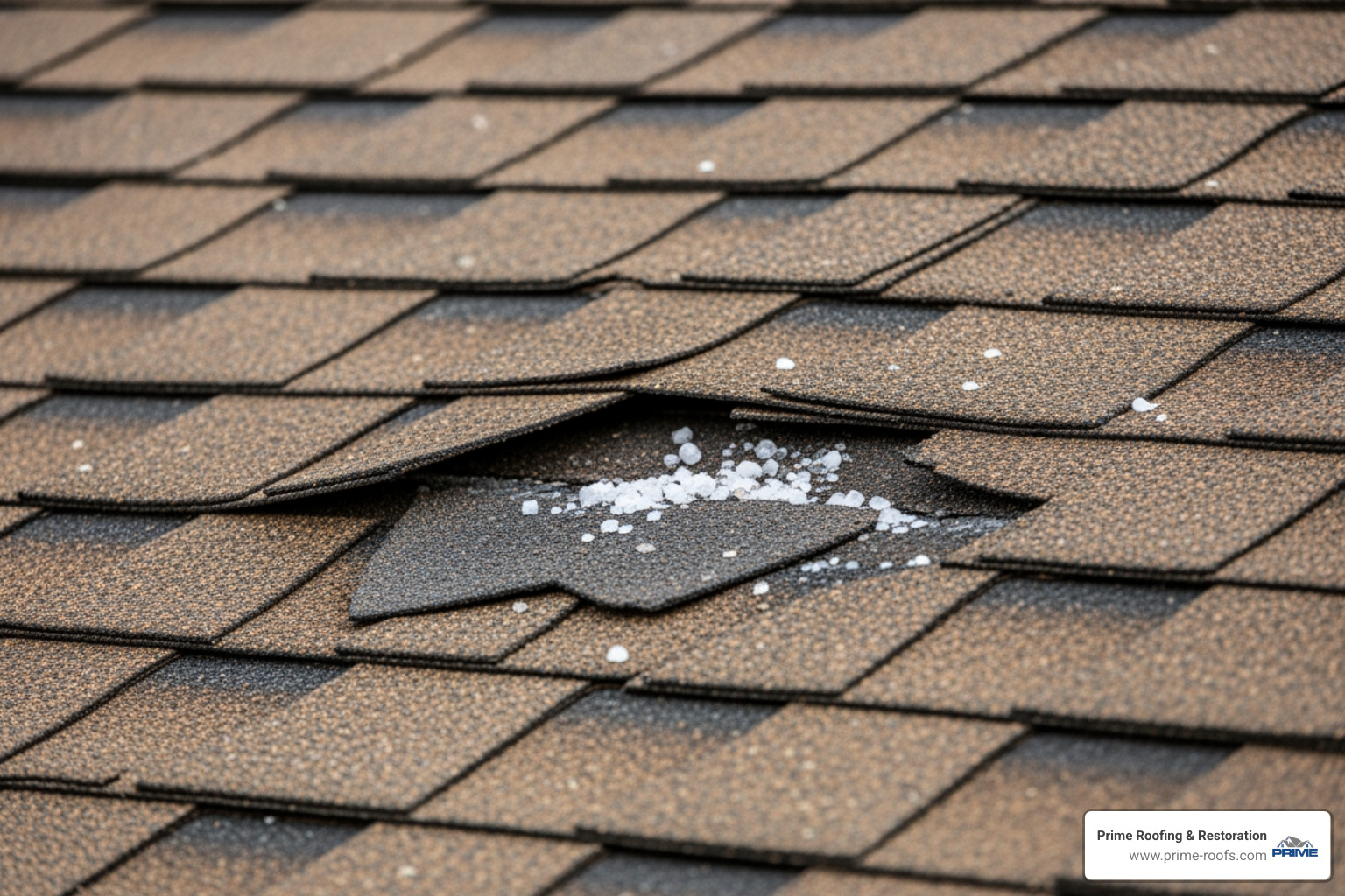 Close-up of hail-damaged asphalt shingles showing loss of granules and bruised matting - Roof repair Hoover Al