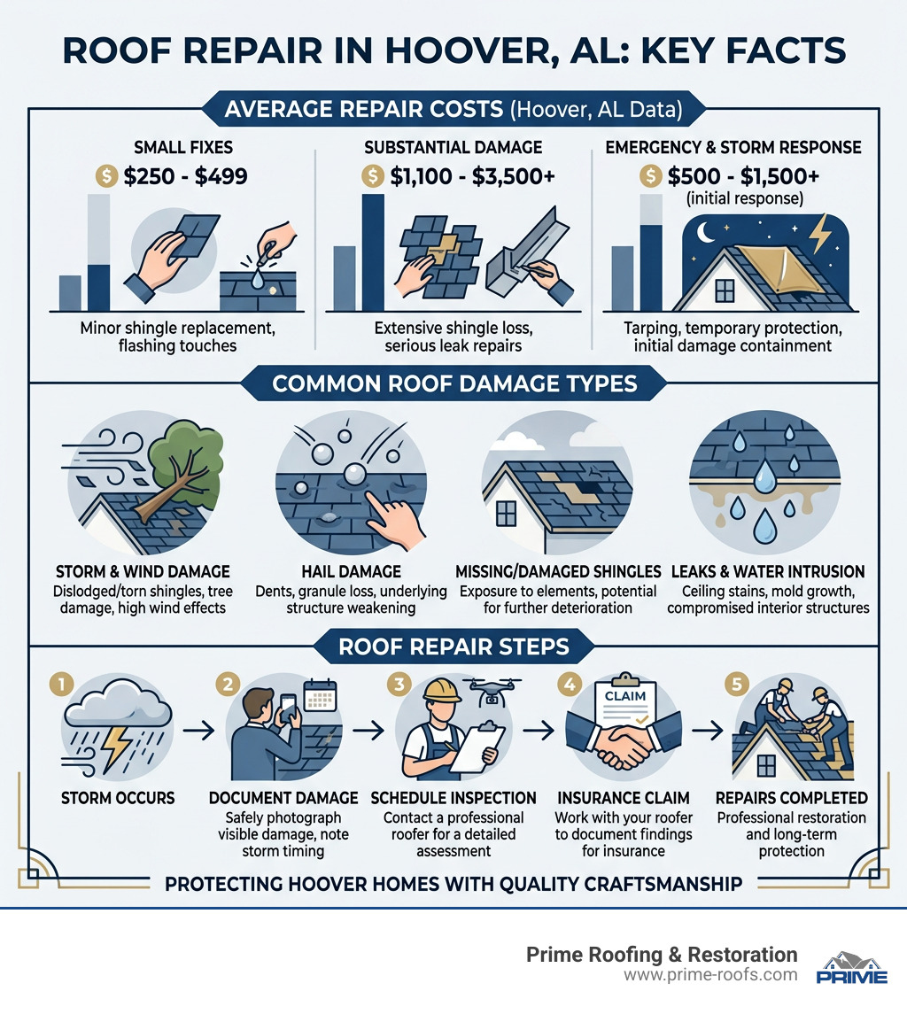 Infographic showing key facts about roof repair in Hoover AL including costs, common damage types, and repair steps - Roof