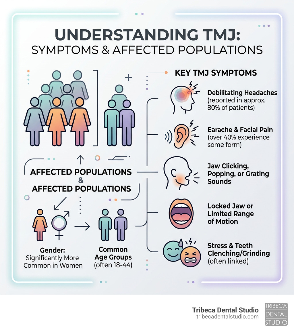 Common TMJ symptoms and demographics infographic showing affected populations and key symptoms - TMJ specialist NYC Common TMJ symptoms and demographics infographic showing affected populations and key symptoms - TMJ specialist NYC
