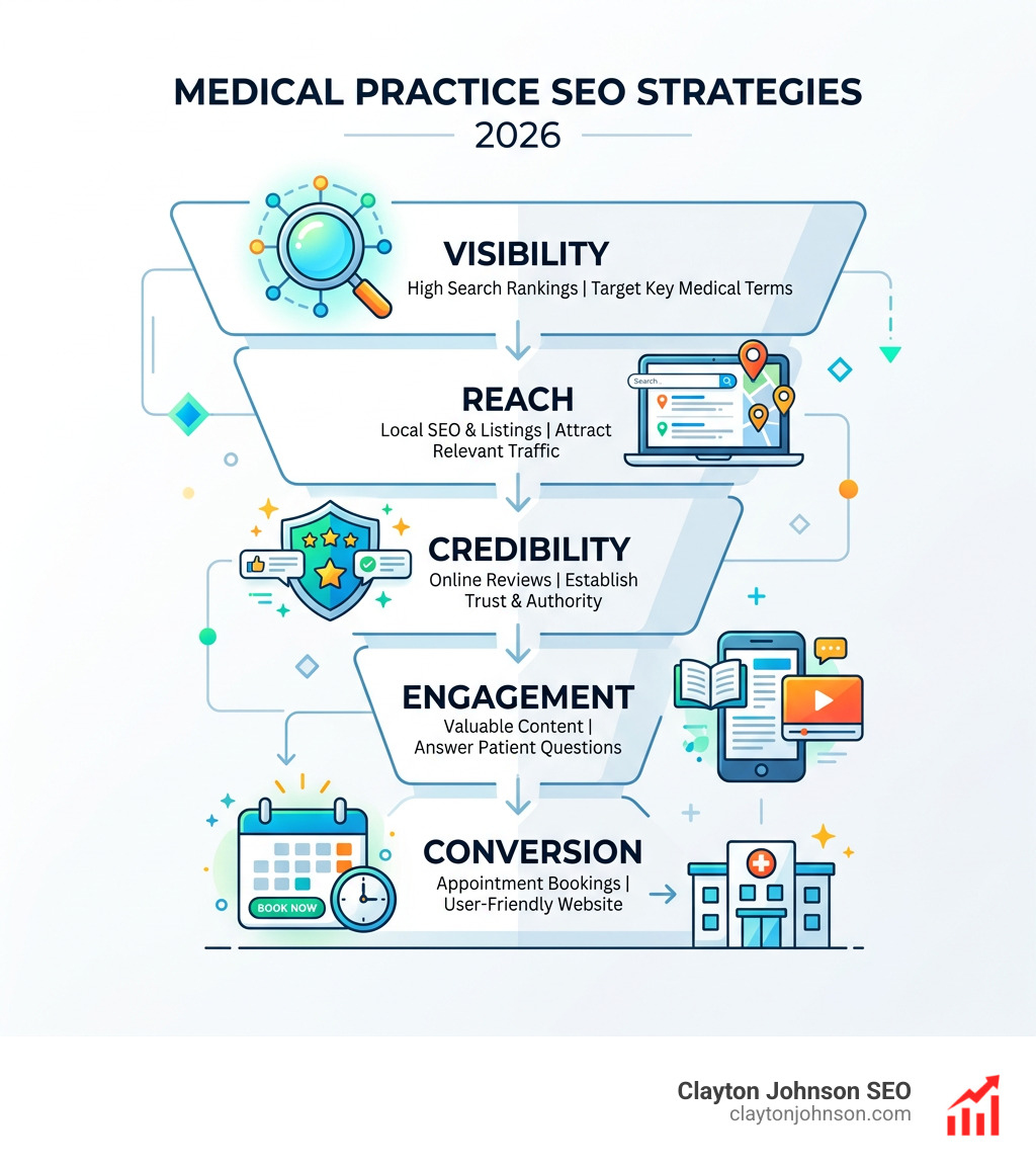 Medical SEO funnel showing patient journey from search to appointment booking - medical practice SEO strategies infographic Medical SEO funnel showing patient journey from search to appointment booking - medical practice SEO strategies infographic
