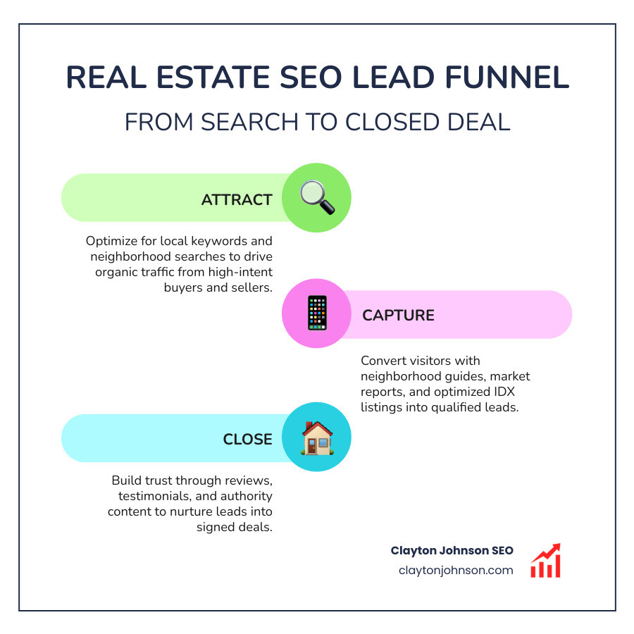 Real estate SEO lead funnel from search to closed deal - Realtor website SEO infographic infographic-line-3-steps-colors