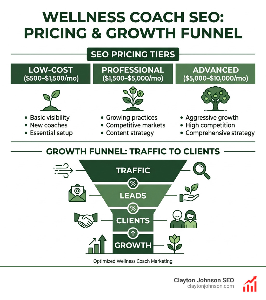 Wellness coach SEO pricing tiers and growth funnel from traffic to client conversions - wellness coach SEO pricing