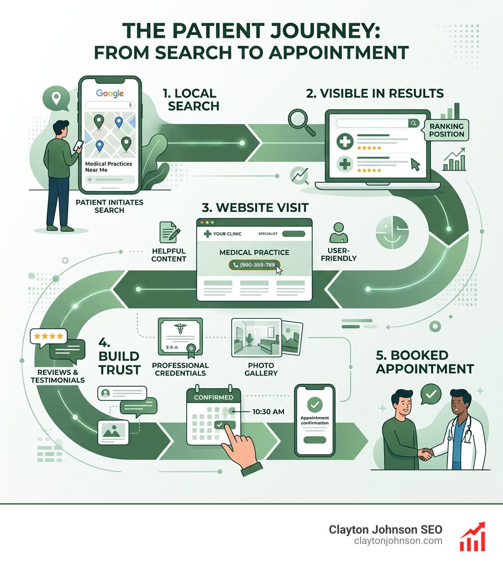 Patient journey from online search to booked appointment in medical SEO - best medical seo companies infographic Patient journey from online search to booked appointment in medical SEO - best medical seo companies infographic