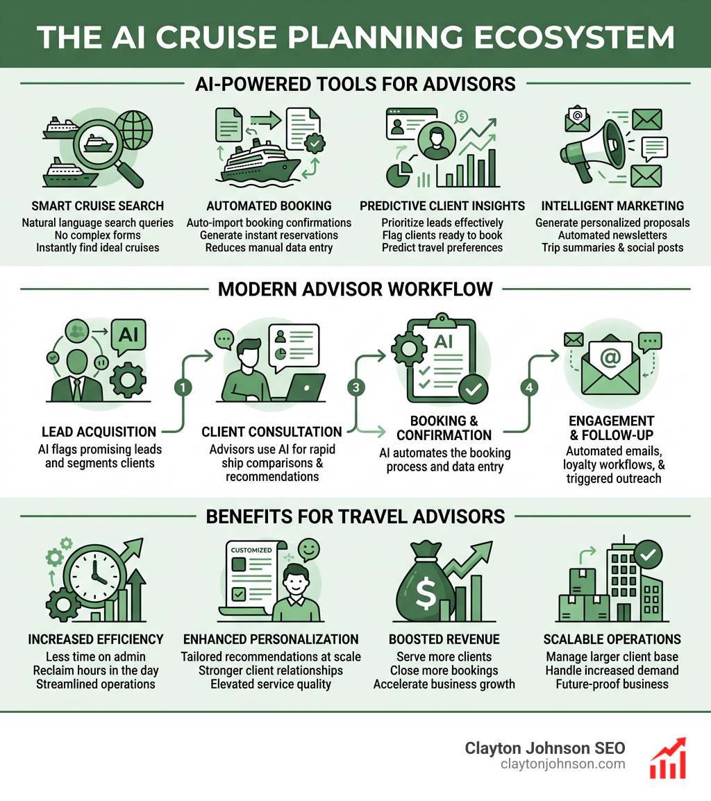 AI cruise planning ecosystem infographic showing tools, benefits, and advisor workflow - ai for cruise planners infographic AI cruise planning ecosystem infographic showing tools, benefits, and advisor workflow - ai for cruise planners infographic