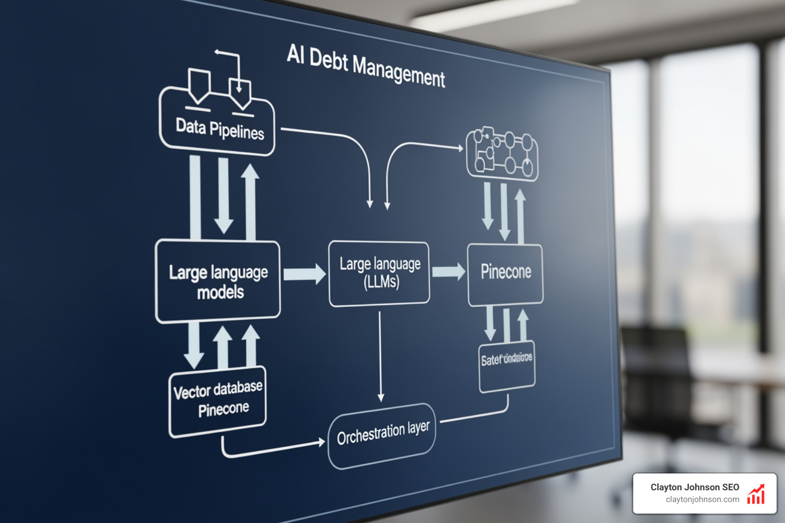 Technical diagram showing LLMs, vector databases, and data pipelines - ai for debt management consultants