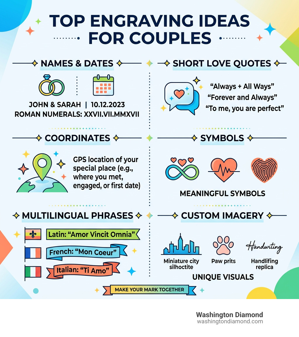 Infographic showing top engraving ideas for couples: names/dates, quotes, coordinates, symbols, multilingual phrases, custom