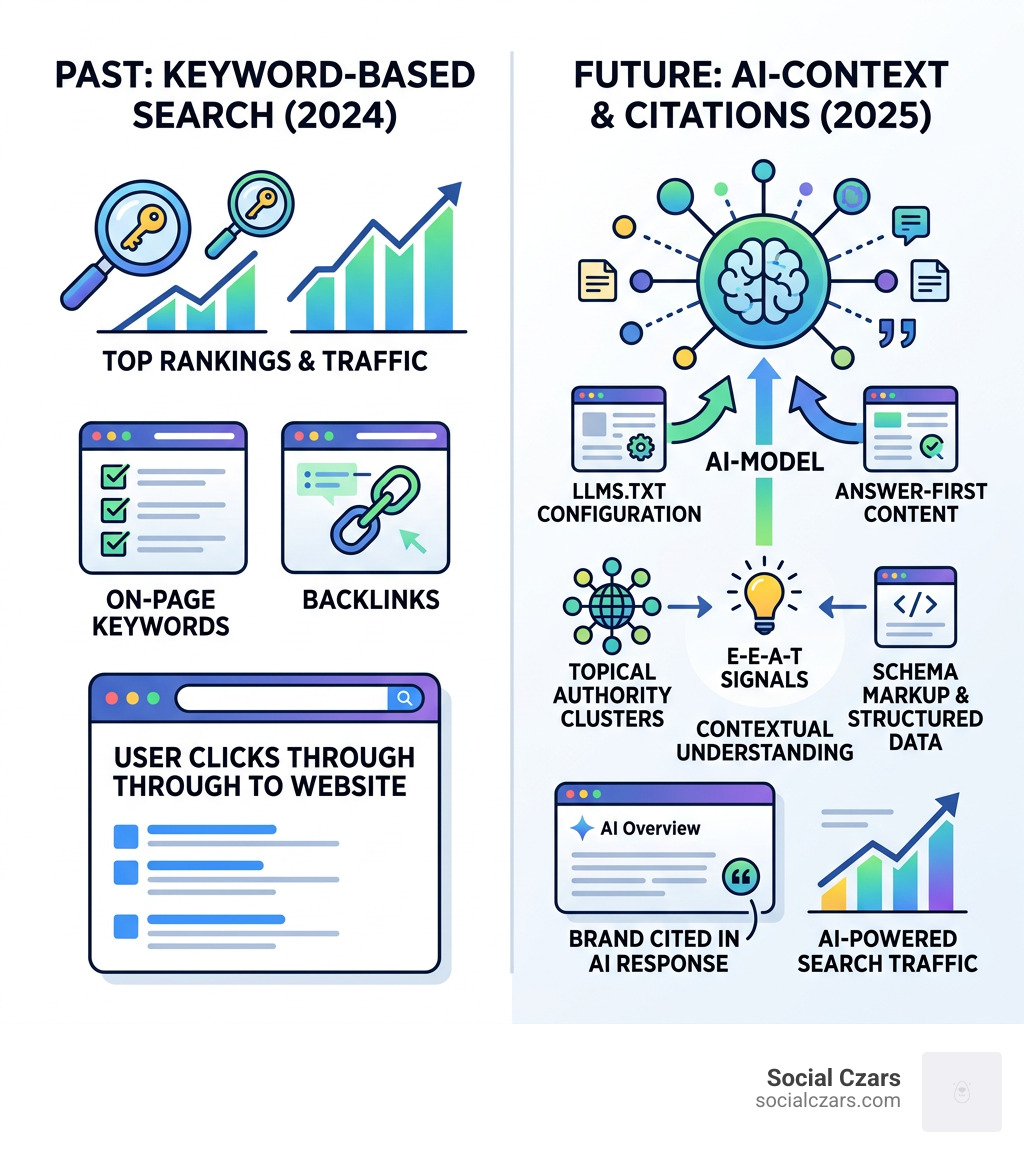 Infographic showing shift from keyword rankings to AI context and citation-based visibility in 2025 - ai-powered seo