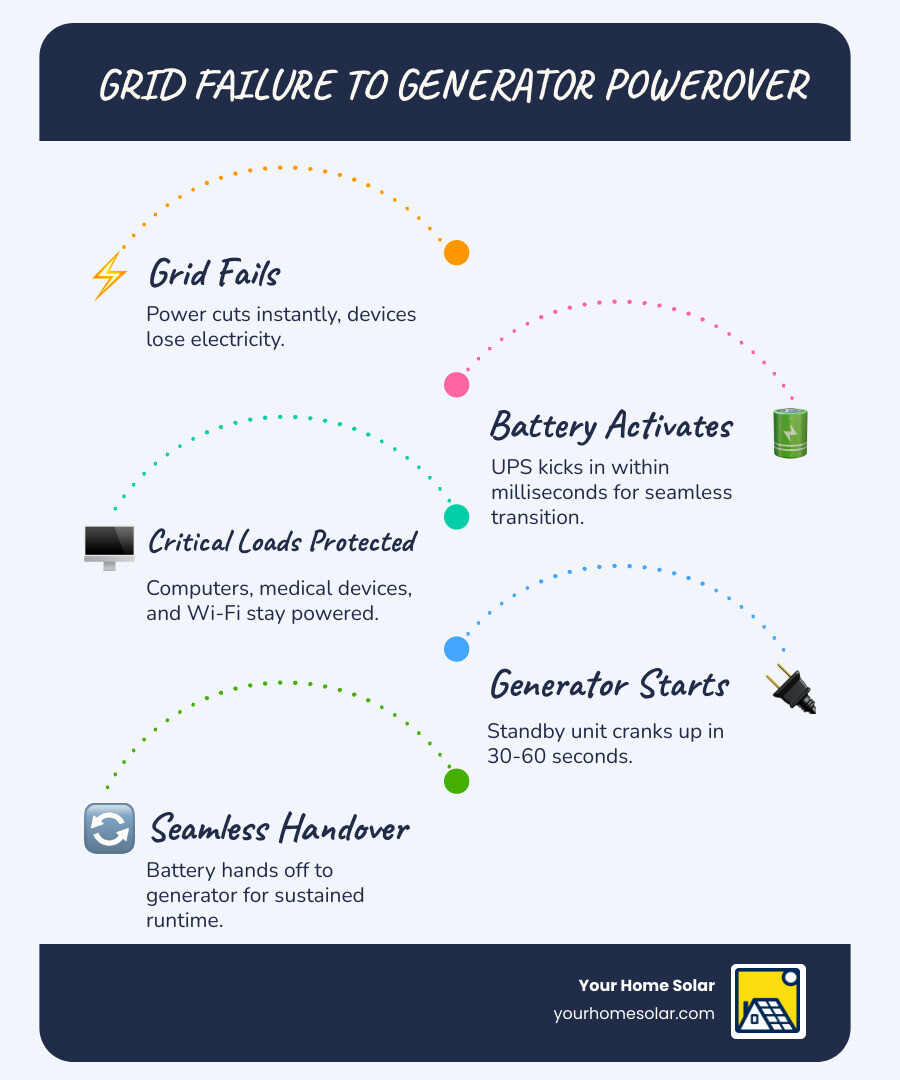 infographic showing grid failure triggering battery backup then generator handover for whole home power - battery backup for infographic showing grid failure triggering battery backup then generator handover for whole home power - battery backup for