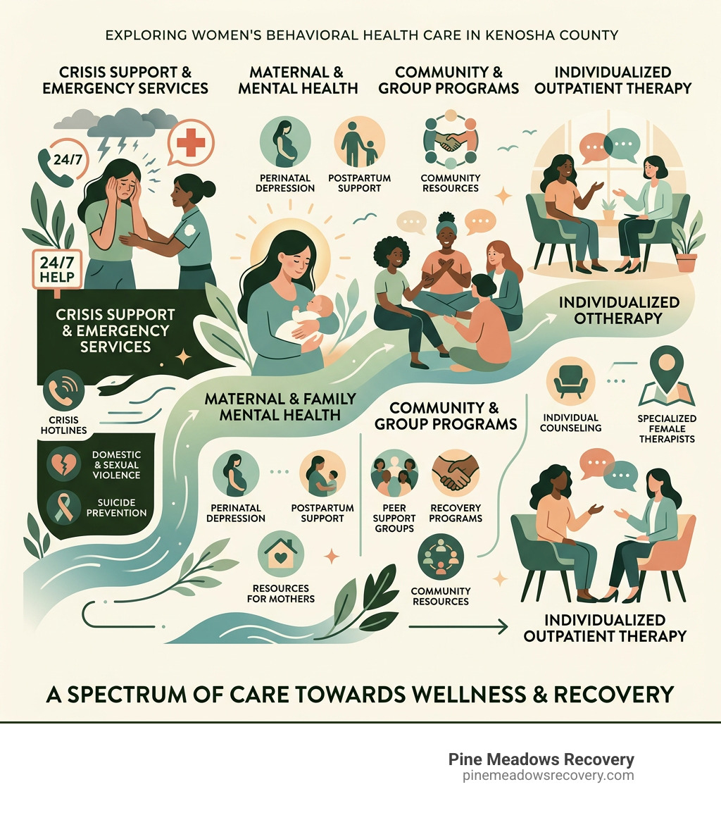 Infographic showing the spectrum of women's behavioral health care in Kenosha County from crisis to outpatient therapy