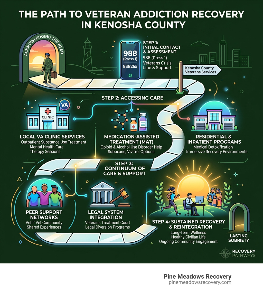 Infographic showing the path to veteran addiction recovery in Kenosha County Wisconsin - Veteran addiction treatment Kenosha Infographic showing the path to veteran addiction recovery in Kenosha County Wisconsin - Veteran addiction treatment Kenosha