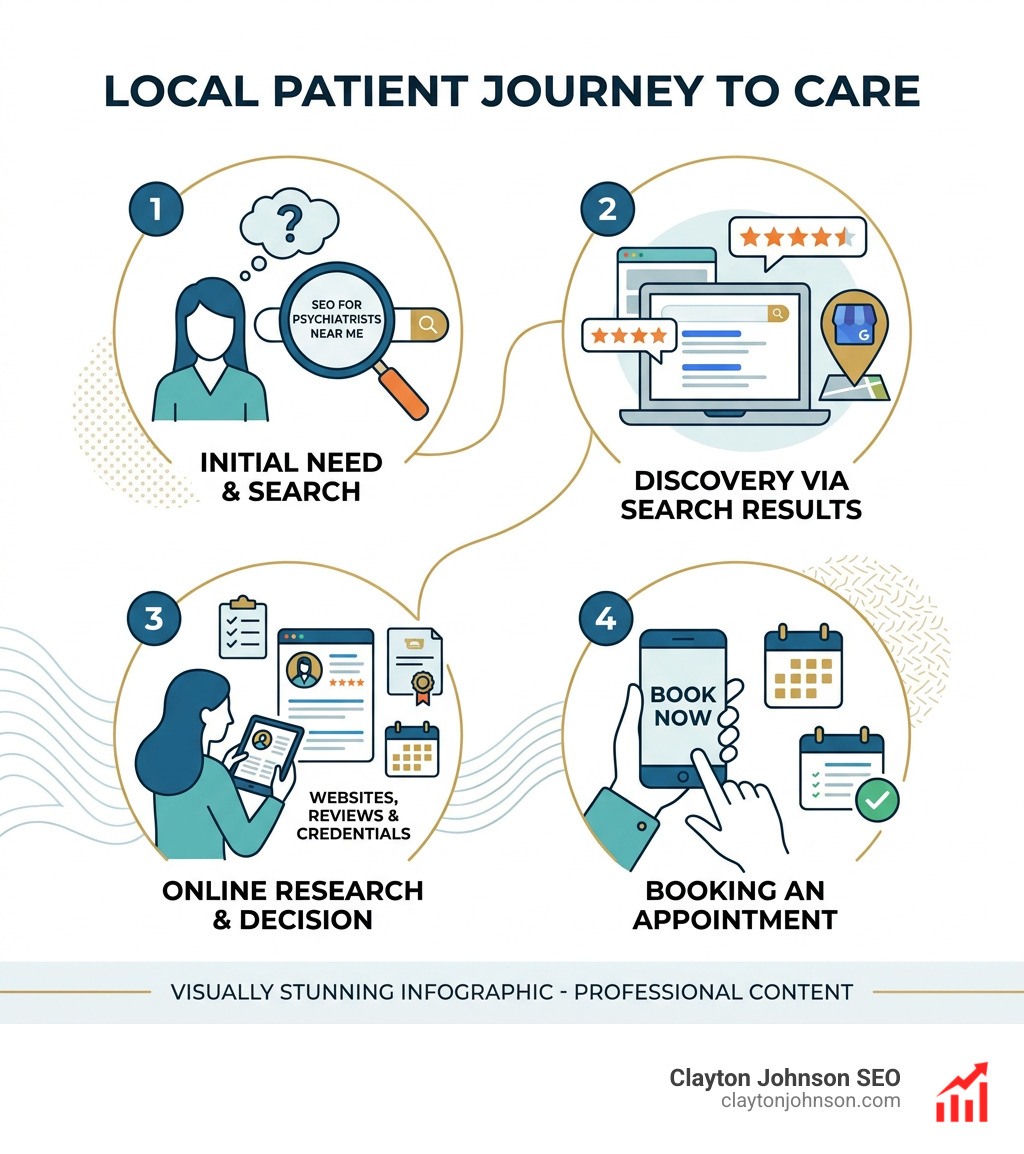 Local SEO funnel for psychiatric practices showing search to booked appointment steps - SEO for psychiatrists near me
