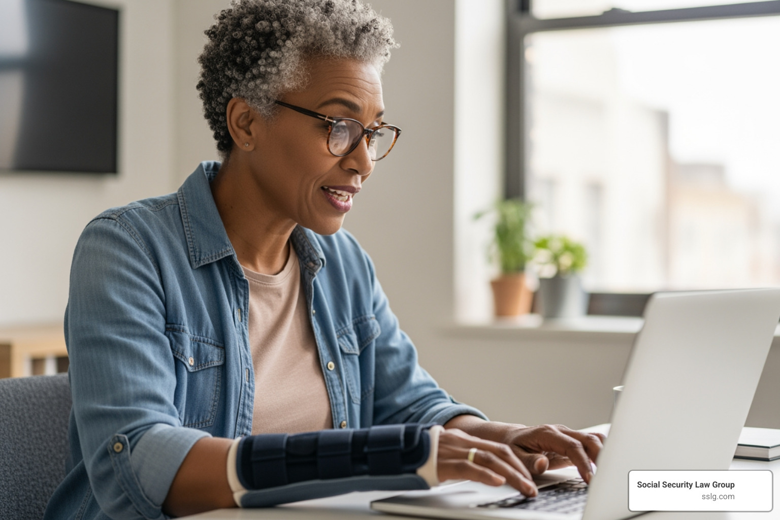 A diverse person approximately 60 years old wearing a wrist brace while working at a computer - ssdi sga 2025