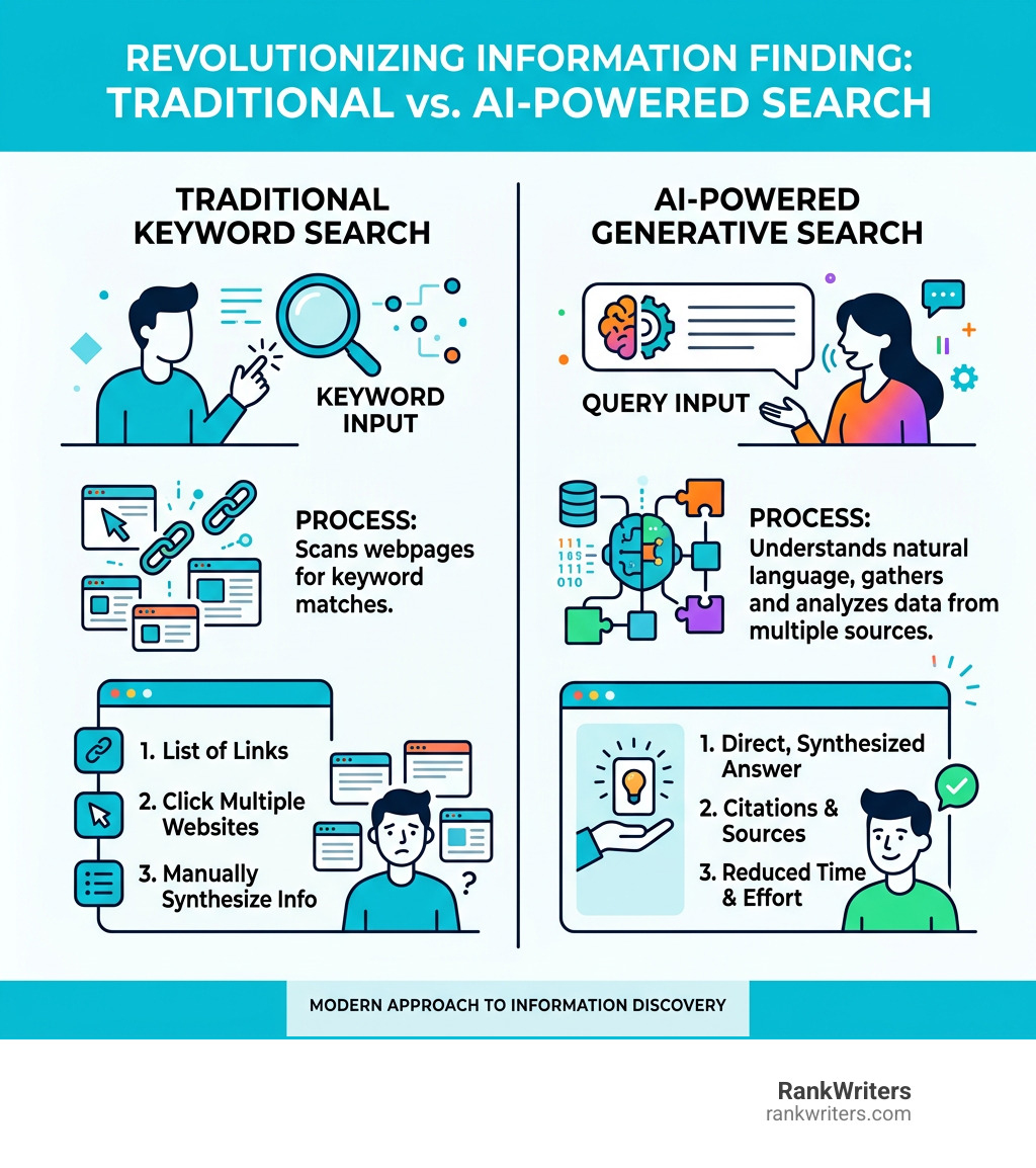 Infographic comparing traditional keyword search with links versus AI-powered generative search with synthesized answers Infographic comparing traditional keyword search with links versus AI-powered generative search with synthesized answers
