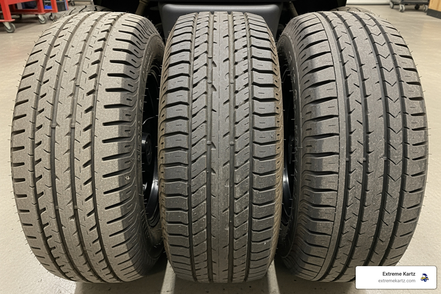 Diagram showing how underinflated tires wear on the edges and overinflated tires wear in the center - tire pressure for golf