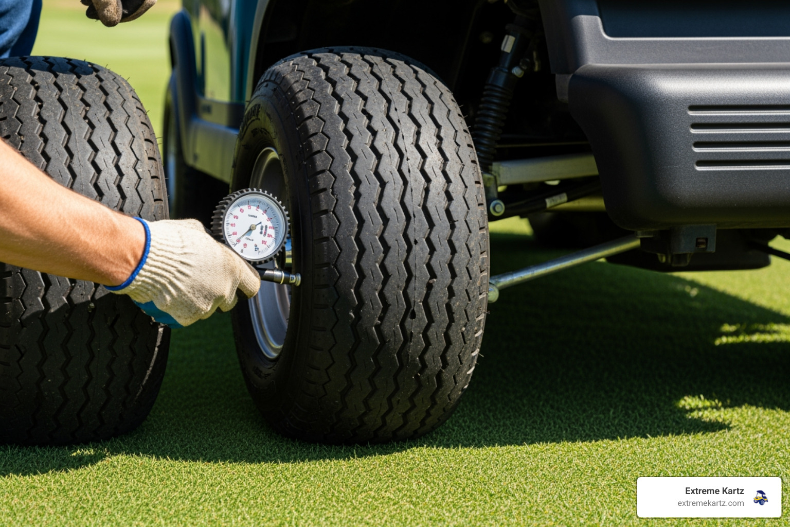 golf cart tires close-up on fairway with pressure gauge nearby - tire pressure for golf cart tires