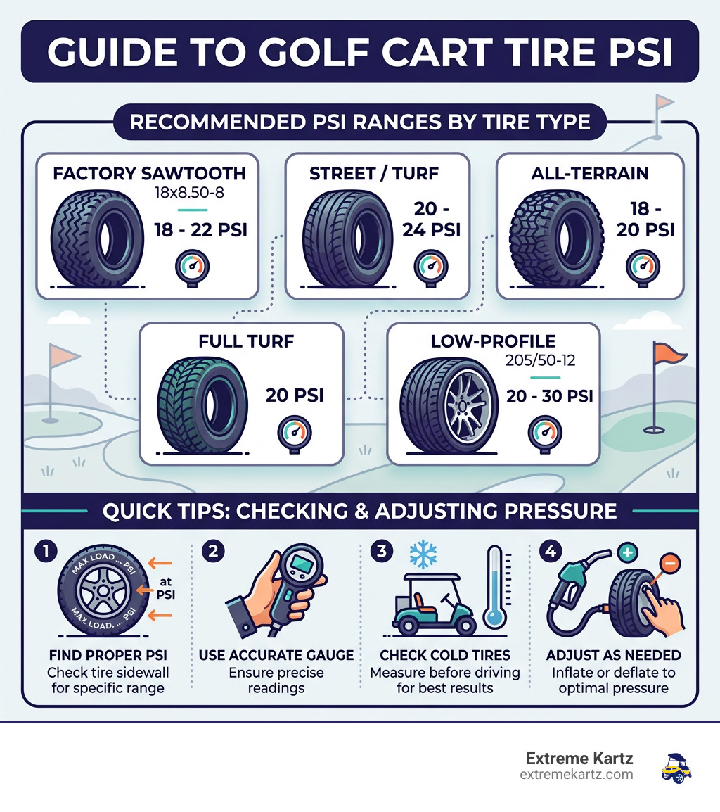 Infographic showing golf cart tire PSI ranges by tire type with tips on checking and adjusting pressure - tire pressure for