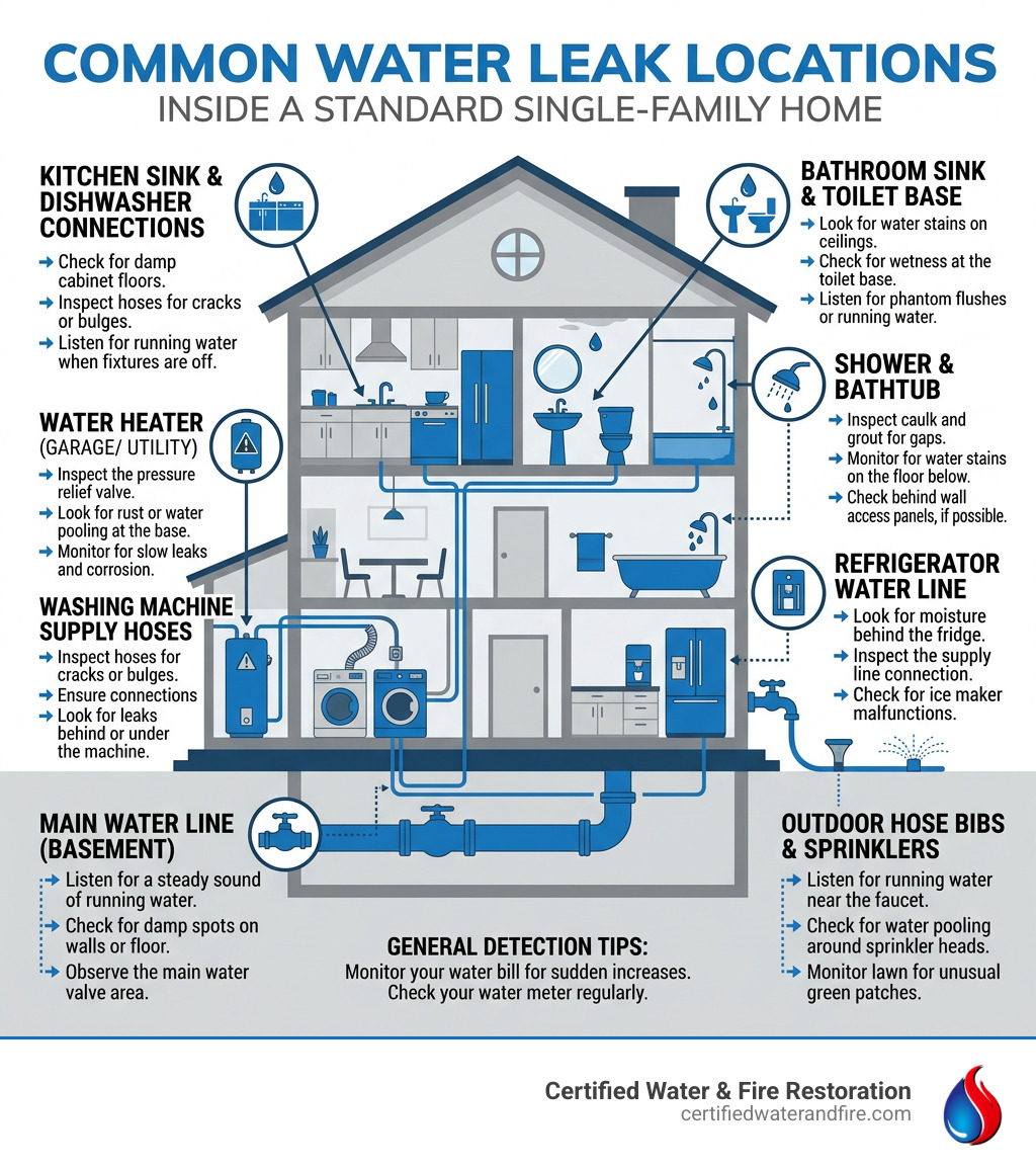 infographic showing common water leak locations in a standard home with detection tips - how to find a water leak in your