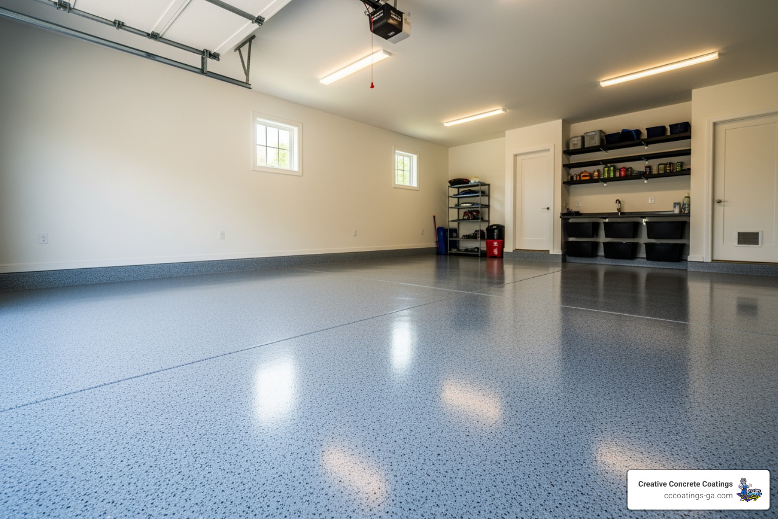 A clean, dust-free garage interior with a sleek grey flake floor - garage floor coating Monroe A clean, dust-free garage interior with a sleek grey flake floor - garage floor coating Monroe
