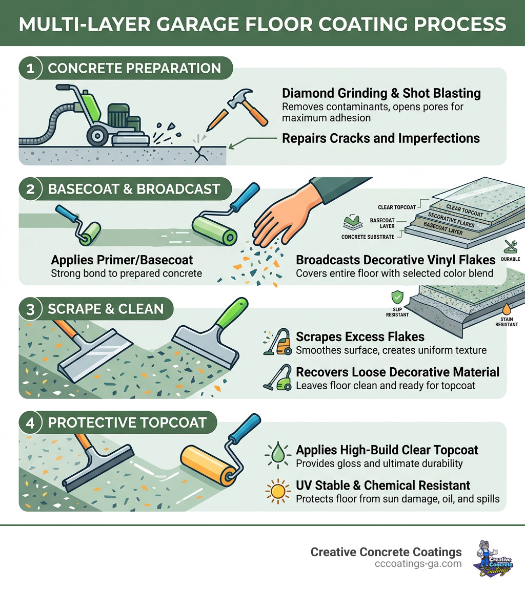 Infographic showing the multi-layer garage floor coating process from concrete prep to topcoat - garage floor coating Monroe Infographic showing the multi-layer garage floor coating process from concrete prep to topcoat - garage floor coating Monroe