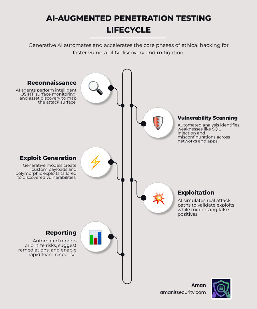 AI-augmented penetration testing lifecycle showing recon, vulnerability analysis, exploit generation, and reporting phases AI-augmented penetration testing lifecycle showing recon, vulnerability analysis, exploit generation, and reporting phases