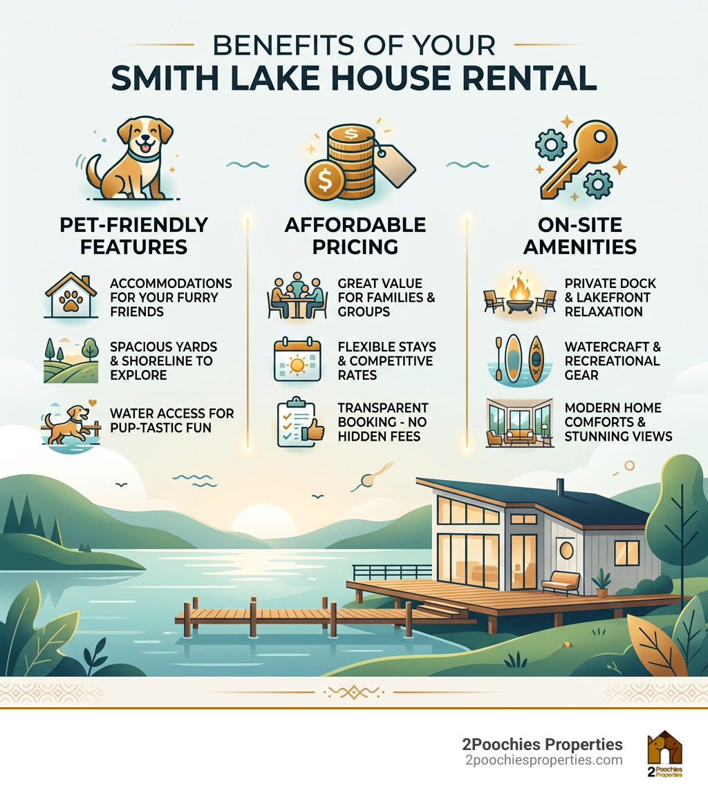 Infographic showing benefits of booking a lakefront Smith Lake house rental including pet-friendly features, pricing, and