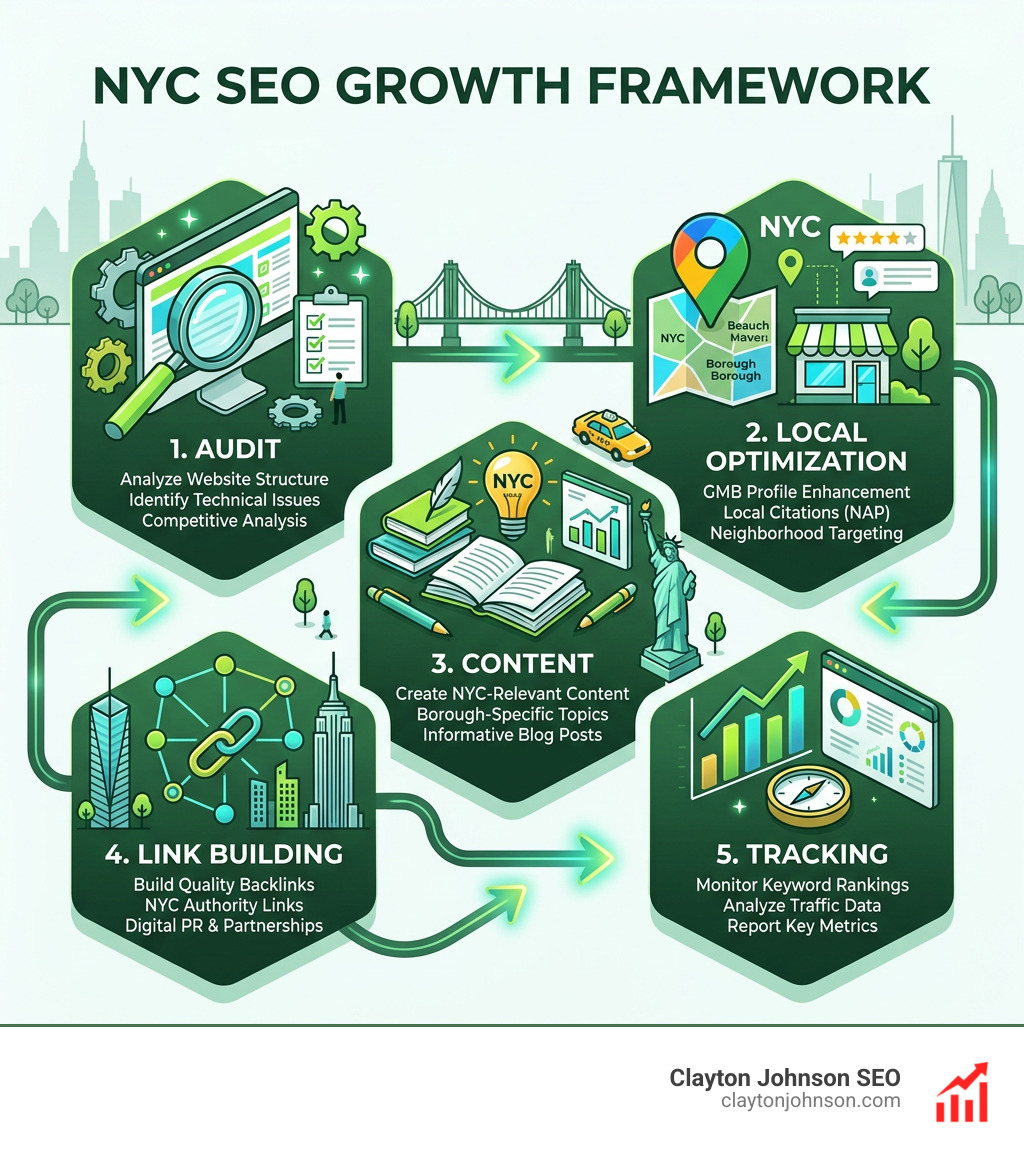 NYC SEO growth framework infographic showing key steps: audit, local optimization, content, link building, and tracking