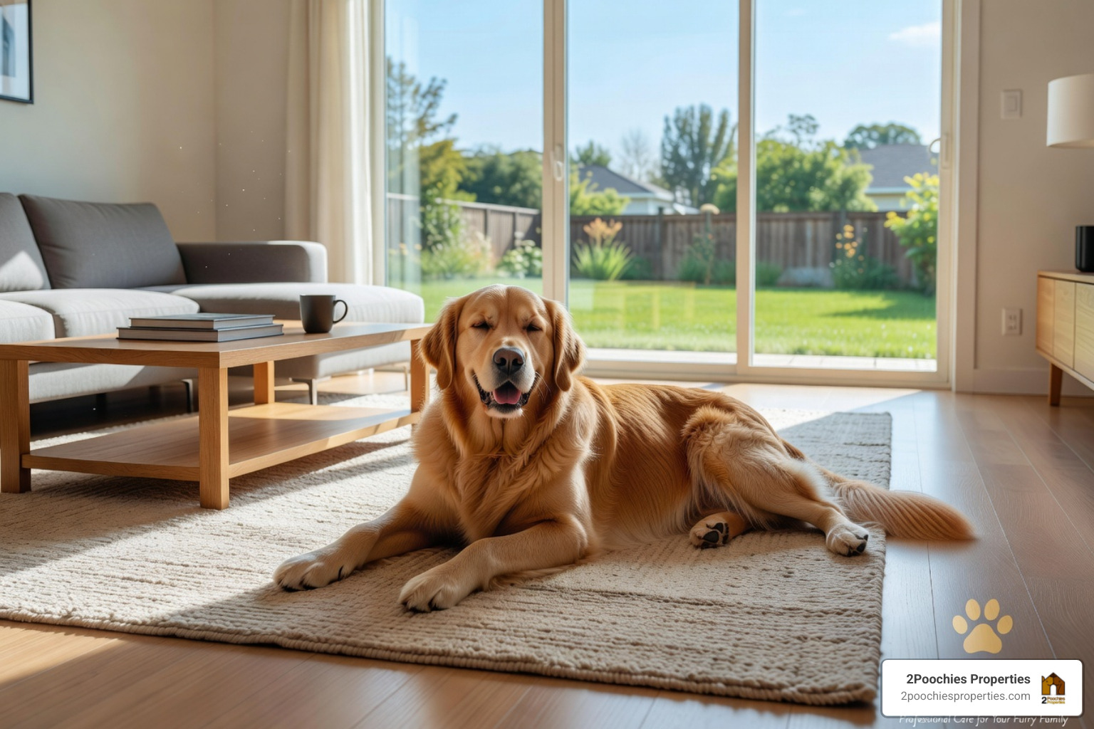 A happy dog resting on a sanitized rug in a clean living room - professional sanitized pet friendly homes